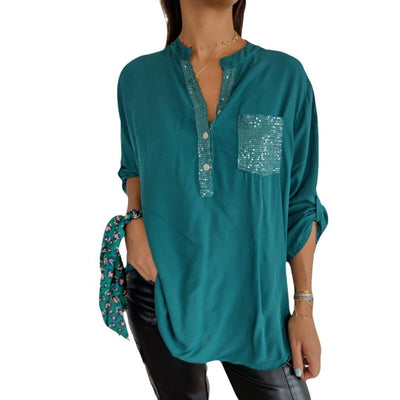 Blusa Casual V-Neck con Bolsillos y Parches Lentejuelas para Mujer - Image 13