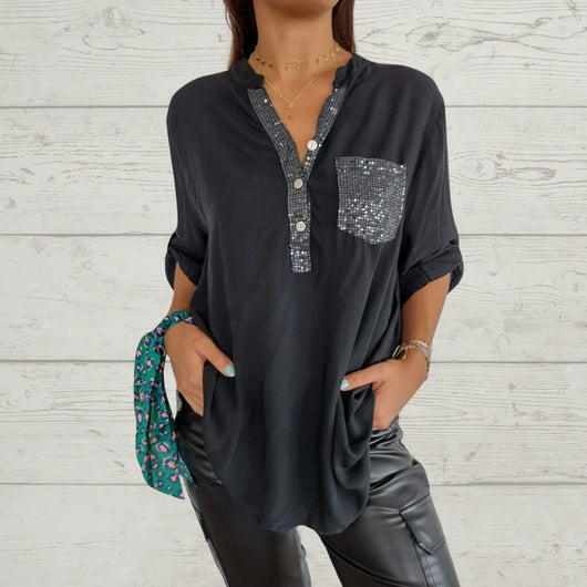 Blusa Casual V-Neck con Bolsillos y Parches Lentejuelas para Mujer - Image 15