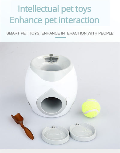 Smart pet feeder and tennis ball reward machine in white and lime green, with two mini tennis balls and a scoop. - Image 12