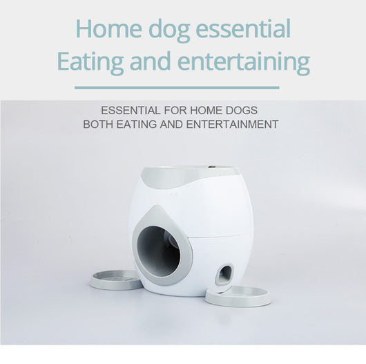 Smart pet feeder and tennis ball reward machine in white and lime green, with two mini tennis balls and a scoop. - Image 13