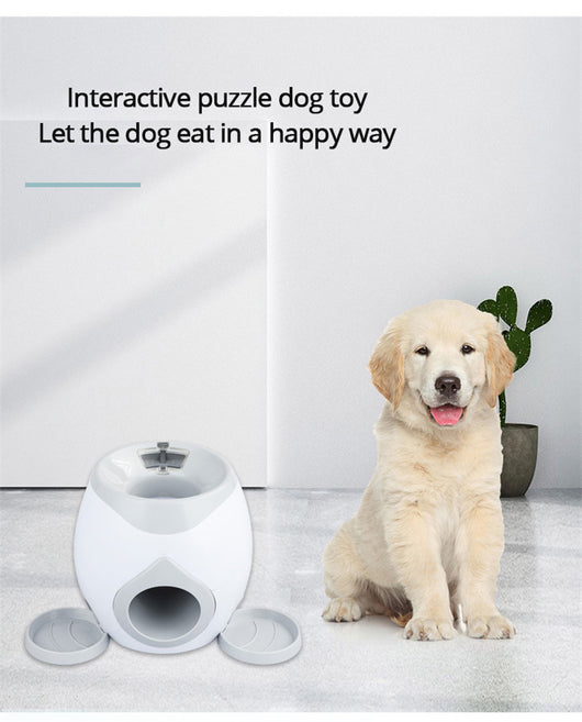 Smart pet feeder and tennis ball reward machine in white and lime green, with two mini tennis balls and a scoop. - Image 14