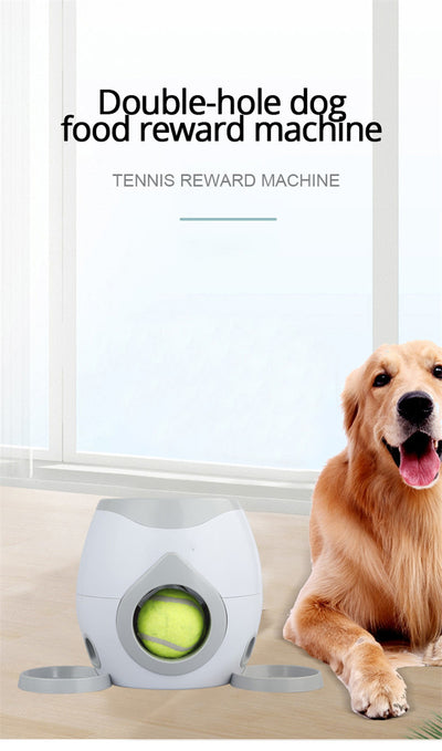 Smart pet feeder and tennis ball reward machine in white and lime green, with two mini tennis balls and a scoop. - Image 15