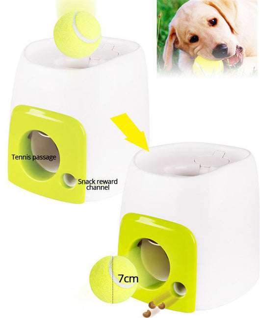 Smart pet feeder and tennis ball reward machine in white and lime green, with two mini tennis balls and a scoop. - Image 18