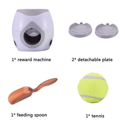 Smart pet feeder and tennis ball reward machine in white and lime green, with two mini tennis balls and a scoop. - Image 19