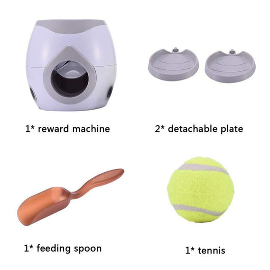 Smart pet feeder and tennis ball reward machine in white and lime green, with two mini tennis balls and a scoop. - Image 19