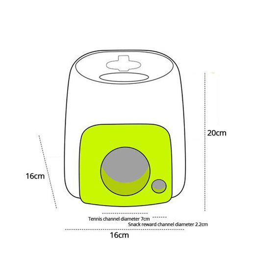 Smart pet feeder and tennis ball reward machine in white and lime green, with two mini tennis balls and a scoop. - Image 20