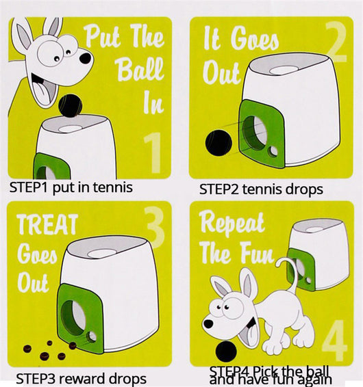 Smart pet feeder and tennis ball reward machine in white and lime green, with two mini tennis balls and a scoop. - Image 21