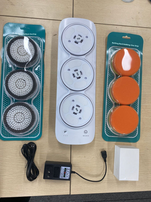 Three PBT brush head refills for an electric bath rubbing machine, packaged in a clear blister pack with a teal backing. - Image 36