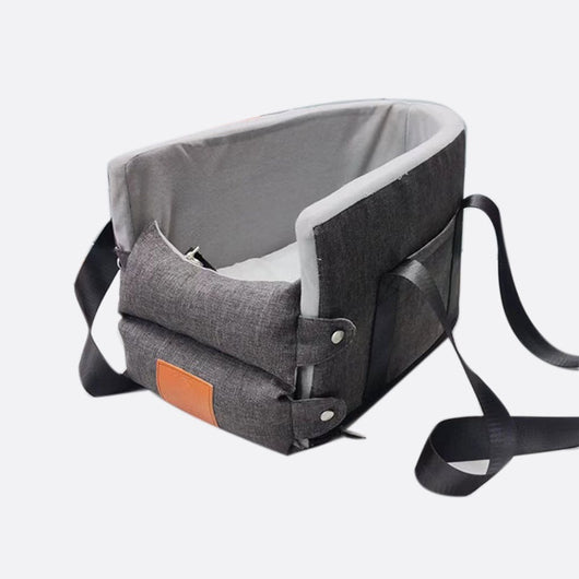 Dark gray portable pet car bed with white paw print and bone patterns, soft gray interior, and black straps. - Image 12
