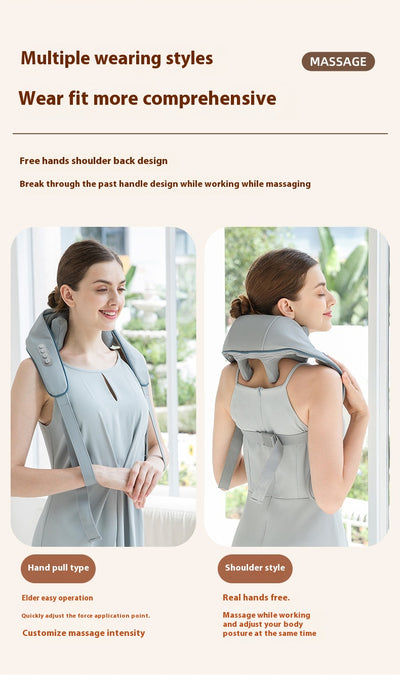 Light gray shoulder and neck massager with blue trim, control buttons, and hanging straps on a white background. - Image 19