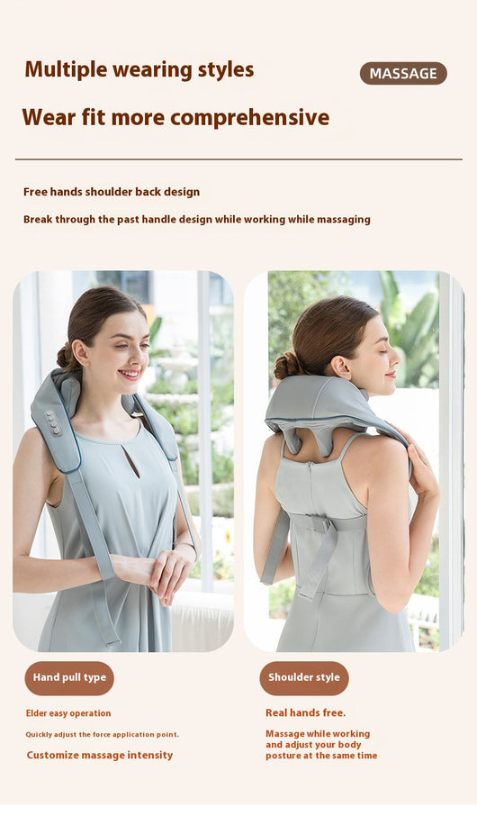 Light gray shoulder and neck massager with blue trim, control buttons, and hanging straps on a white background. - Image 19