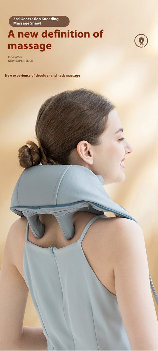 Light gray shoulder and neck massager with blue trim, control buttons, and hanging straps on a white background. - Image 21