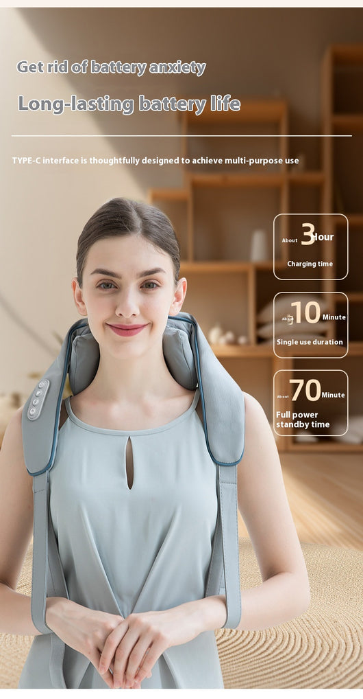 Light gray shoulder and neck massager with blue trim, control buttons, and hanging straps on a white background. - Image 22