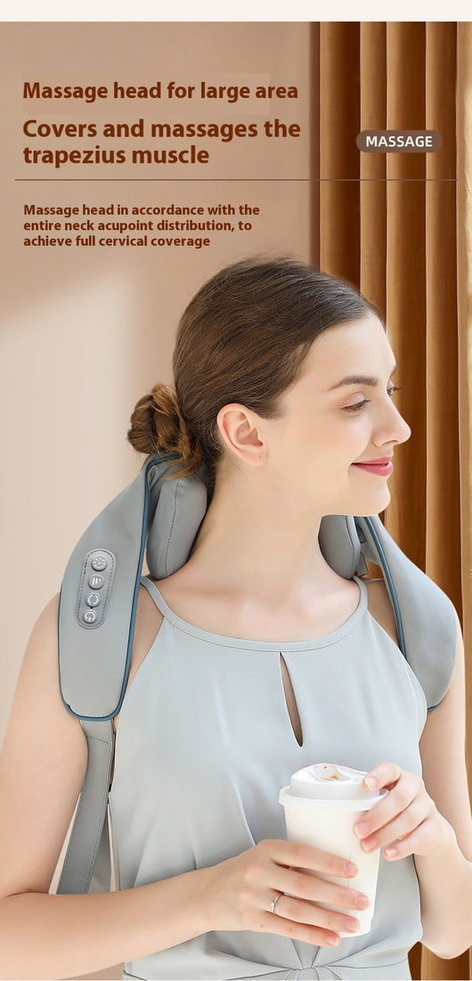 Light gray shoulder and neck massager with blue trim, control buttons, and hanging straps on a white background. - Image 25