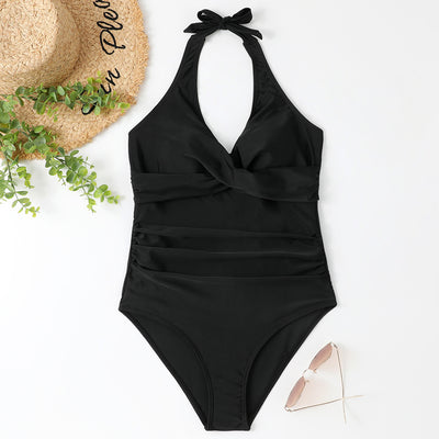 Plum halter neck one-piece swimsuit with a deep V-neck, cross-front bodice, and ruched detailing on the torso. - Image 17