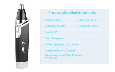 Black and silver Kemei KM-6512 dry battery electric nose hair trimmer with a sleek design. - Image 6