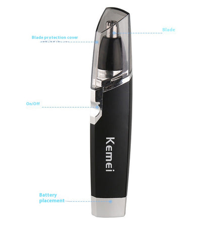 Black and silver Kemei KM-6512 dry battery electric nose hair trimmer with a sleek design. - Image 9