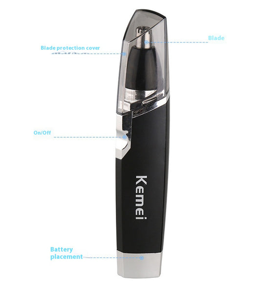 Black and silver Kemei KM-6512 dry battery electric nose hair trimmer with a sleek design. - Image 9