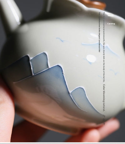 Tetera de Porcelana China Pintada a Mano con Paisaje de Hierba y Madera - Image 17