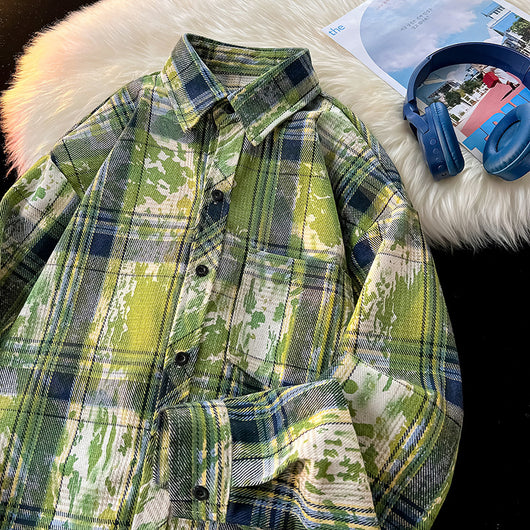Camisa Holgada Cuadros Degradado con Estampado y Teñido - Image 4