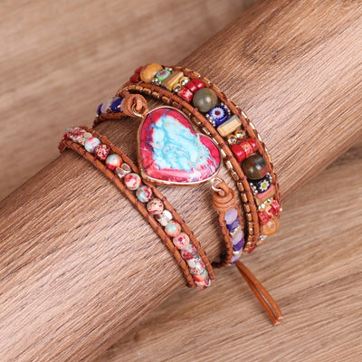 Pulsera Multicapa de Cuero Trenzado con Piedra Emperador y Abalorios Coloridos - Image 9
