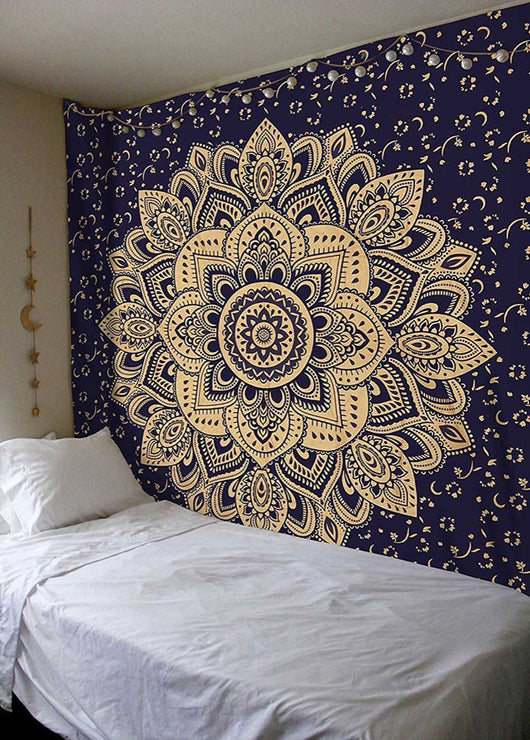 Black tapestry with white constellations and a large grey moon hanging above a bed in a bedroom. - Image 4