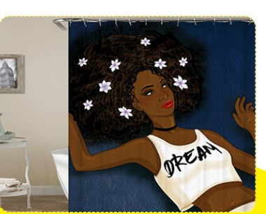 African girl digital print shower curtain featuring an abstract purple design with a woman wearing a large floral headdress.