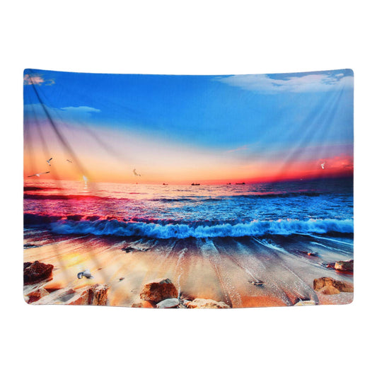 Vibrant sunset beach tapestry with crashing blue waves, orange and red sky, sandy shore, and distant boats. - Image 2