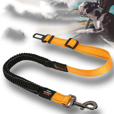 Red pet seat belt with reflective stitching, featuring a metal swivel clip and a black car seat belt buckle.