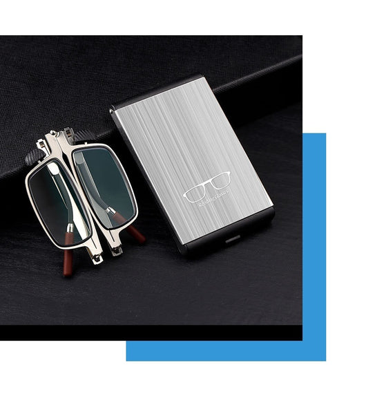Foldable blue light blocking glasses with silver frames in a black case, shown on a smartphone. - Image 6