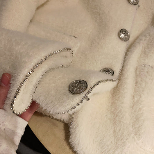 Abrigo Corto de Terciopelo Mink Blanco para Mujer - Otoño e Invierno - Image 7