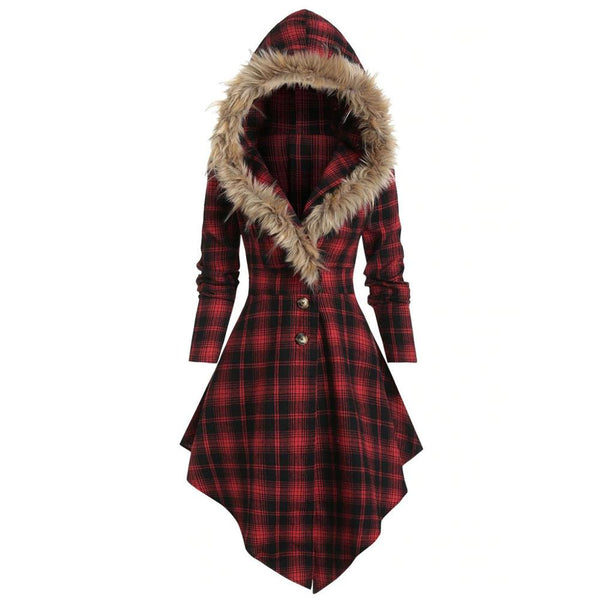 Chaqueta Acolchada de Cuadros con Cuello de Piel y Capucha