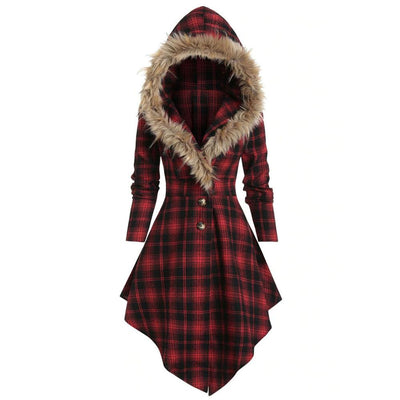 Chaqueta Acolchada de Cuadros con Cuello de Piel y Capucha