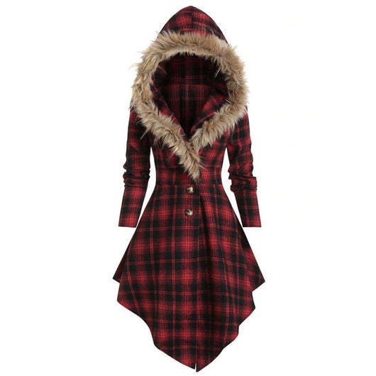 Chaqueta Acolchada de Cuadros con Cuello de Piel y Capucha