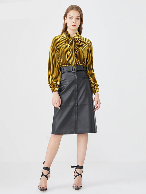 Blusa Tejida de Terciopelo Elástico con Encaje a Rayas