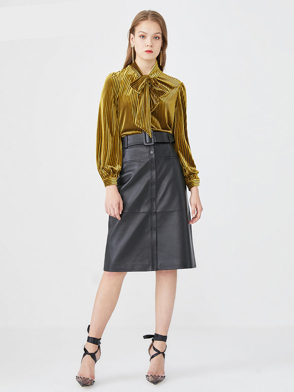Blusa Tejida de Terciopelo Elástico con Encaje a Rayas