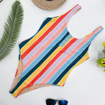 Colorful striped one-piece swimsuit with snap buttons, featuring pink, orange, yellow, green, and blue stripes. - Image 3