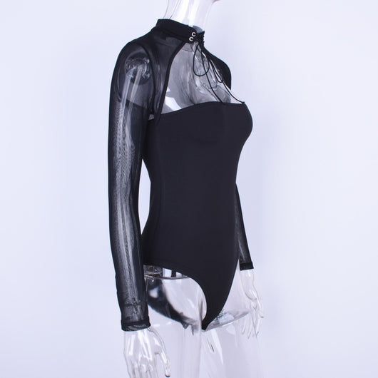 Vestido Otoñal de Cuello Alto con Manga Larga y Detalles en Malla - Image 18