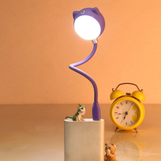Black cat-shaped USB desk lamp with a flexible gooseneck and silver light panel, ideal for modern desks.