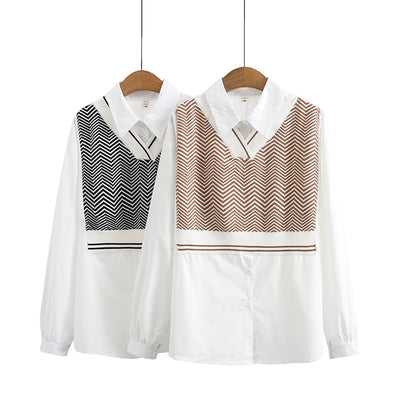 Blusa Suelta Talla Grande con Efecto Dos Piezas y Mangas Largas para Trabajo