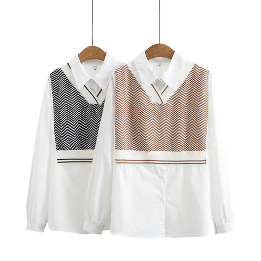 Blusa Suelta Talla Grande con Efecto Dos Piezas y Mangas Largas para Trabajo