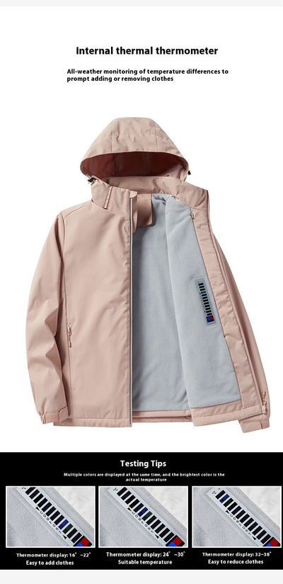 Lavender windproof sports jacket with a hood, full zipper, and fleece lining, shown on a hanger. - Image 29