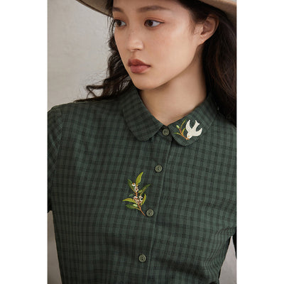 Camisa Cuadriculada Bordada de Algodón Puro para Mujer - Corte Slim Manga Larga - Image 5