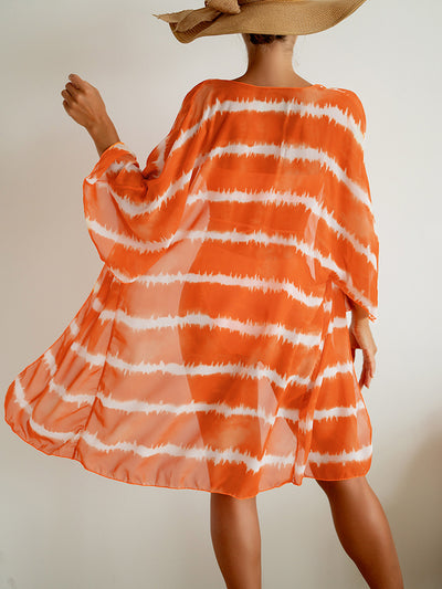 Women's orange and white tie-dye chiffon three-piece swimsuit with a bandeau bikini top and matching bottoms. - Image 5