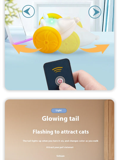 Yellow and white remote control electric mouse toy for cats, shown with its black remote and white charging cable. - Image 8