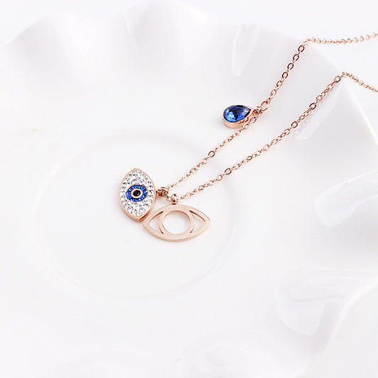 Collar de Acero Titanio Oro Rosado con Ojo Demonio - Cadena Corta Estilo Europeo