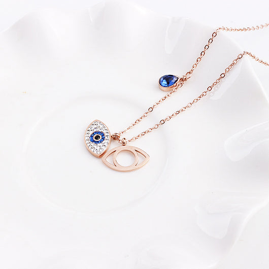 Collar de Acero Titanio Oro Rosado con Ojo Demonio - Cadena Corta Estilo Europeo