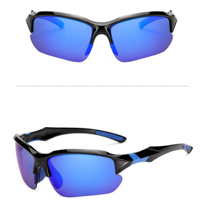 Black sports sunglasses with blue polarized lenses, shown from a front view and a three-quarter side view. - Image 34