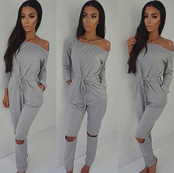Jumpsuit de Hombro Descubierto con Detalles Rotos - Tendencia Otoño