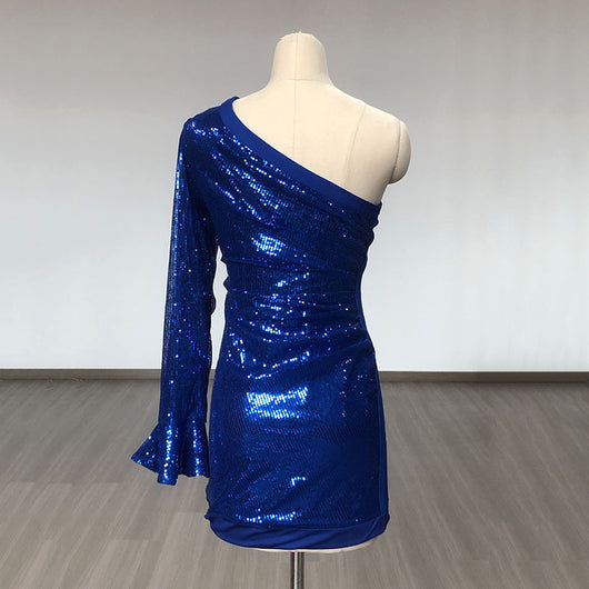 Vestido Azul con Lentejuelas en Hombros y Manga Larga Ajustado - Image 16